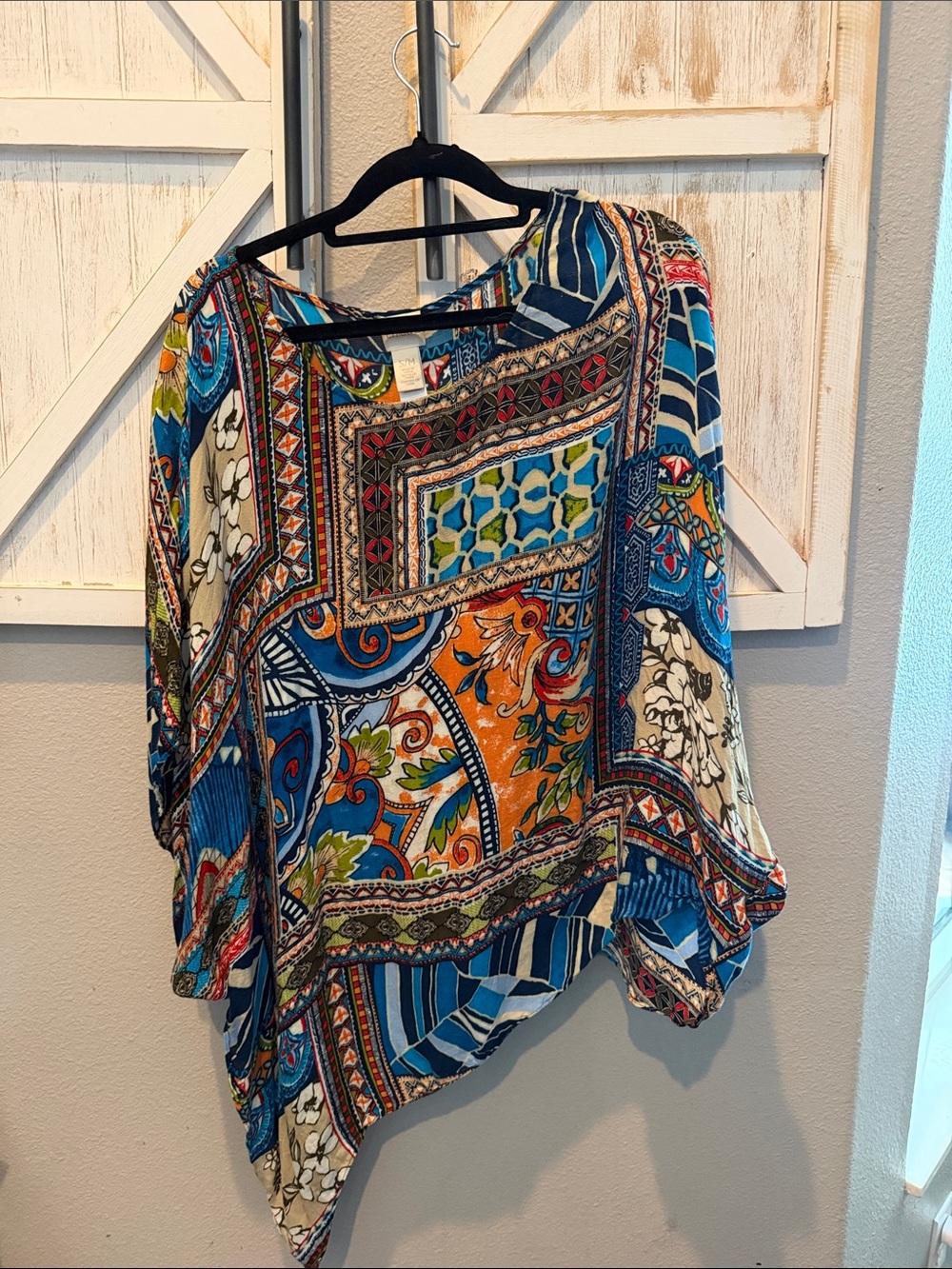 Chico's Multicolor Boho Patchwork Tunic in Blue & Orange ptp 25 oversized